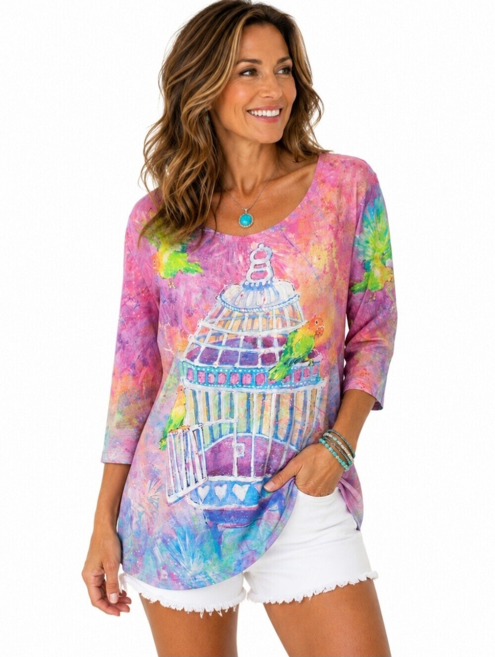 Leoma Lovegrove Medium Birdcage Lovebird Art Top 3/4 Sleeve Colorful Stretch